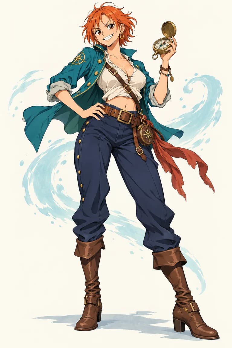 An original pirate navigator with windswept orange hair, a teal sailing jacket, and a brass compass. Confident smile, full-body anime illustration.