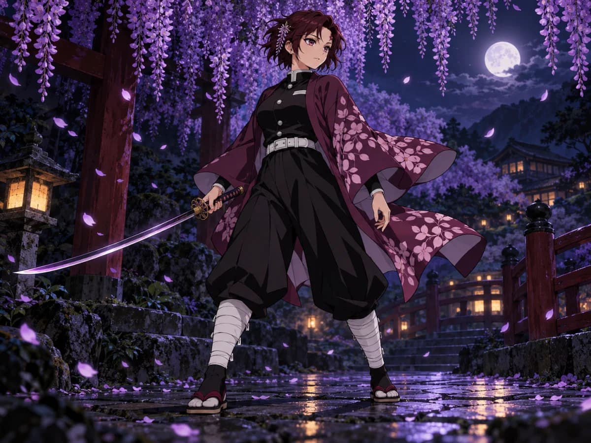 Original female swordswoman OC in a moonlit wisteria grove