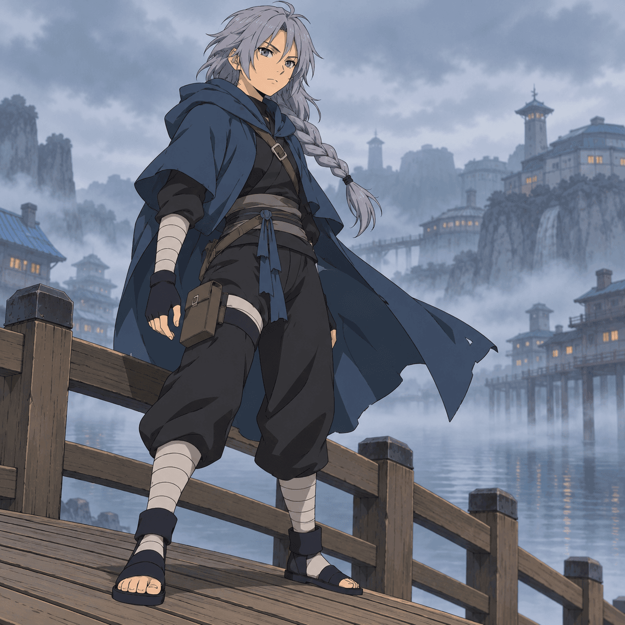 Original Mist Village tracker with silver braided hair and a blue cloak